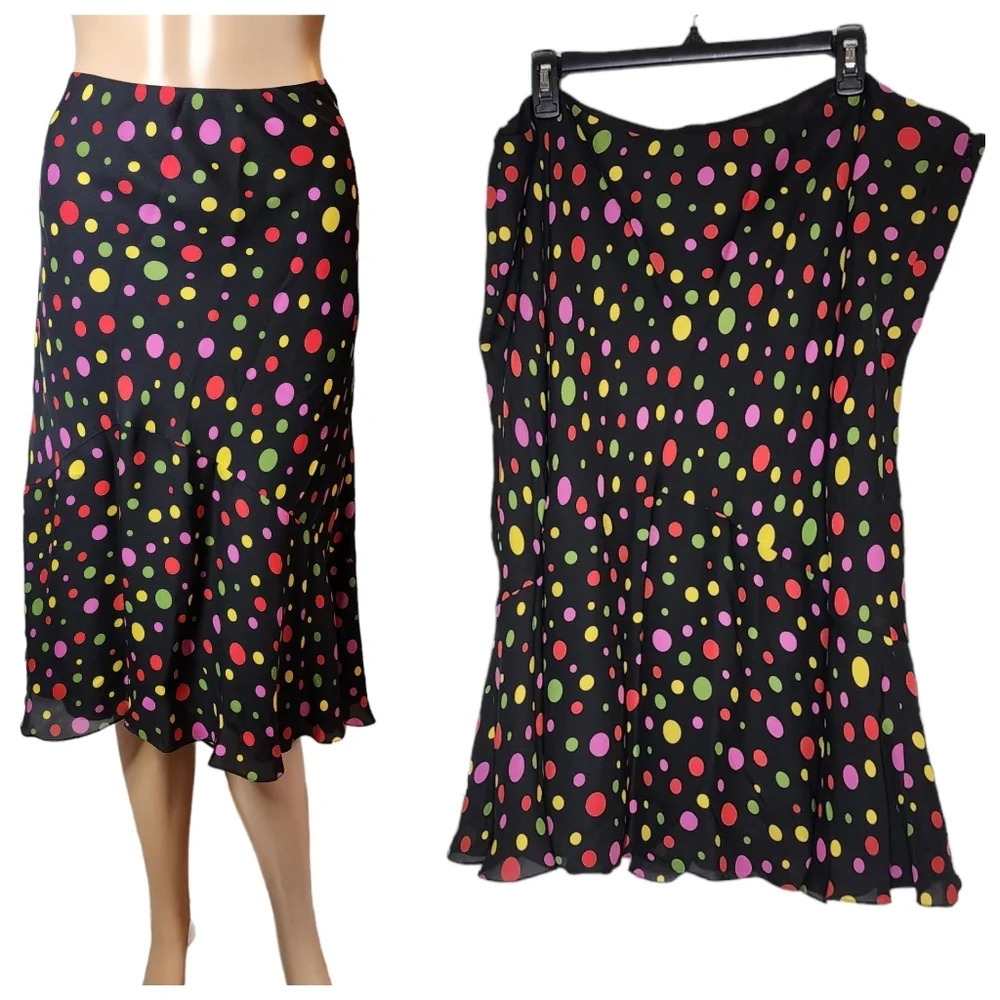 Jones New York 100% Silk Black Multi Polka Dot Midi Skirt Ruffle Hem 22W